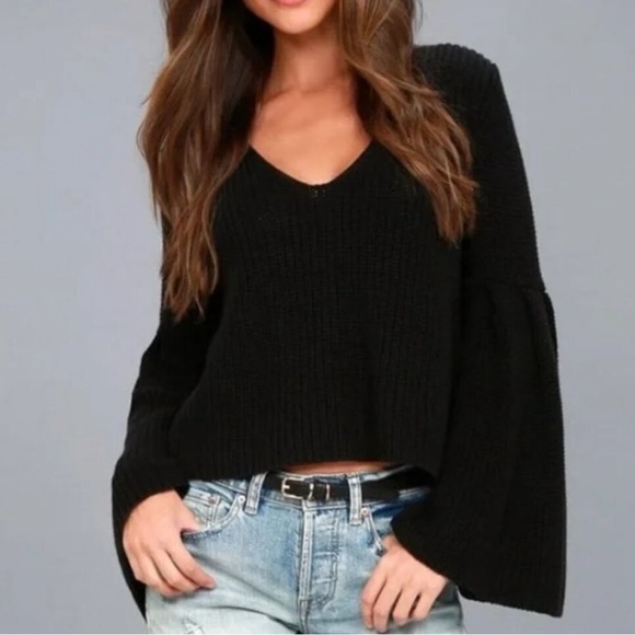 Free People Damsel Black Bell Sleeve Knit Sweater size medium - Picture 2 of 16